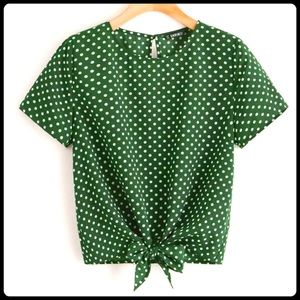 Green polka dot tie hem top